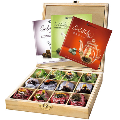 Organic blooming tea collection with white, green, and black tea flowers - creative and relaxing gift for Mother's Day
