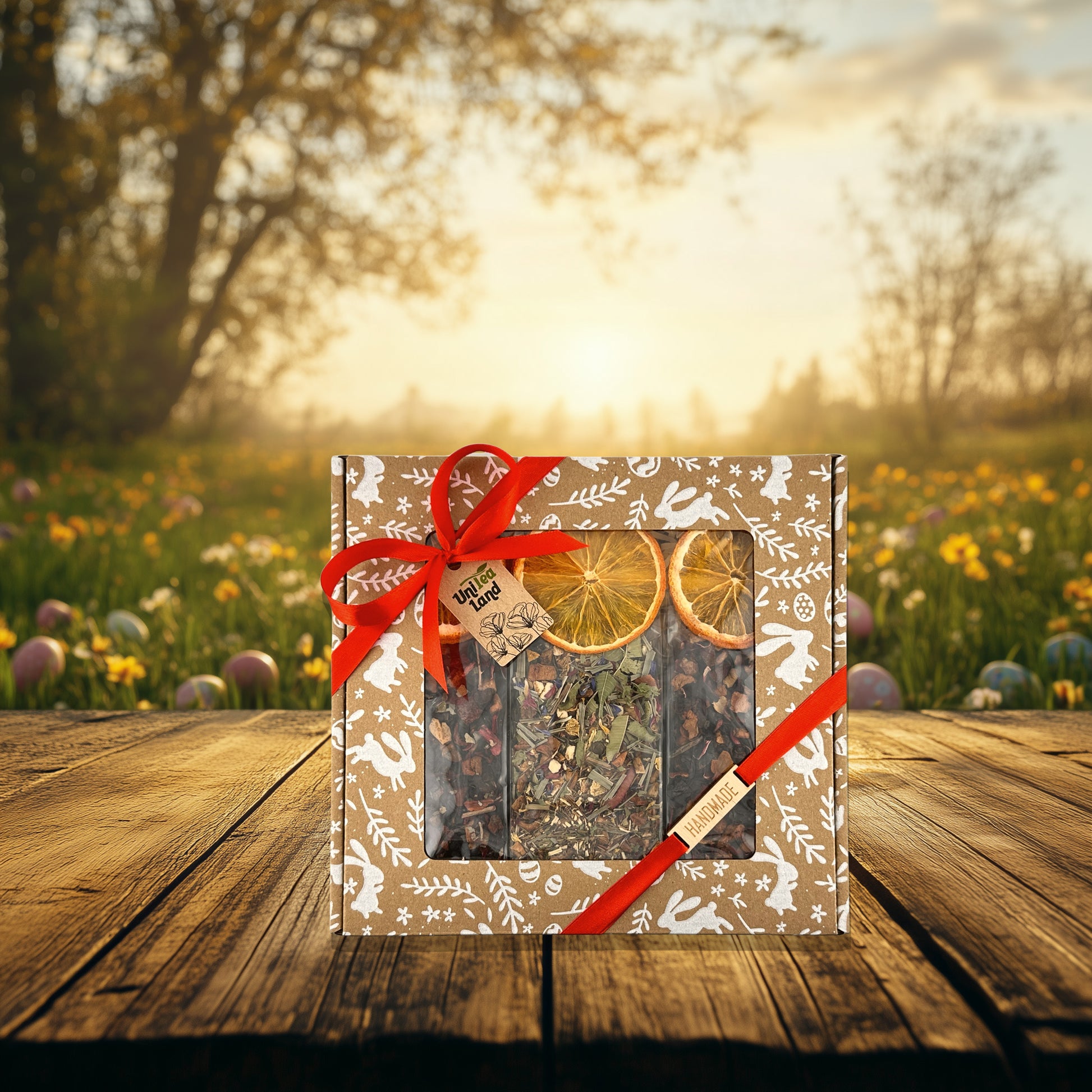 Unique Easter tea basket gift photographed outdoors – seasonal celebration