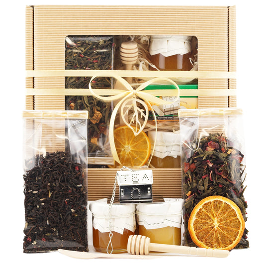 Personalized tea gift set with teapot, sweets, and jams, a perfect gift for grandma