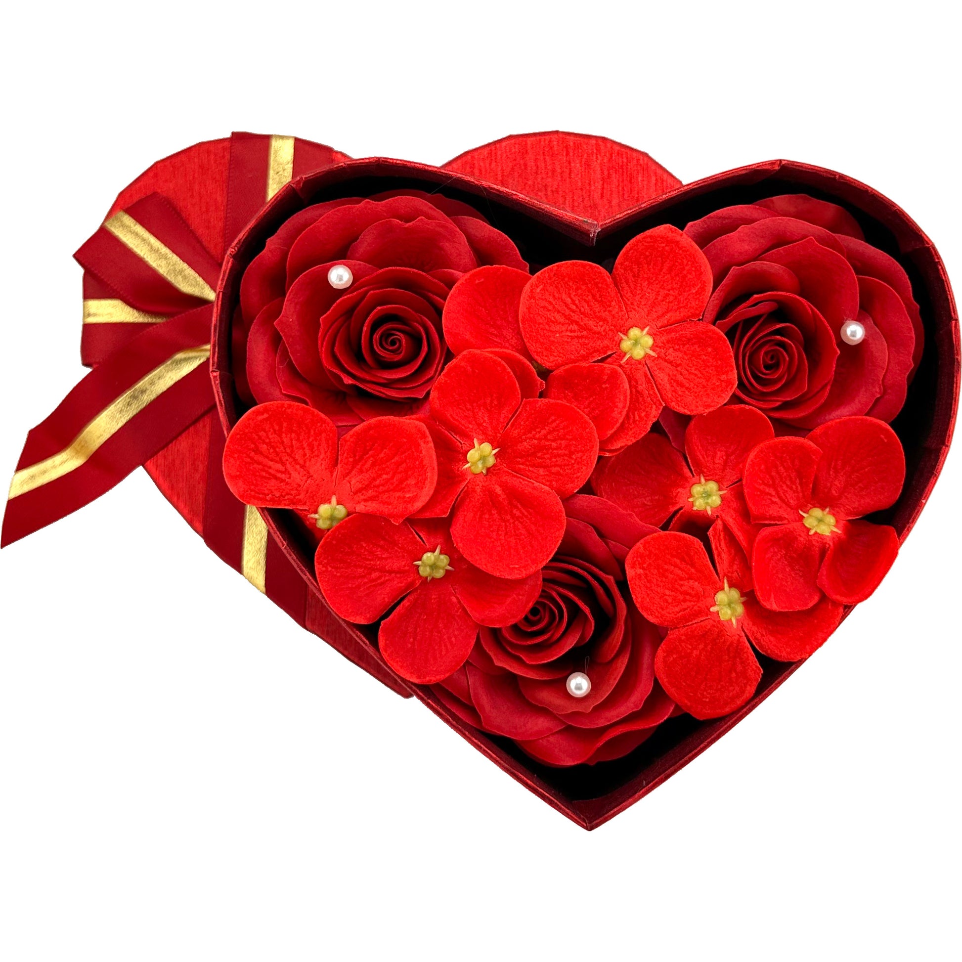 Romantic soap flower box with a red heart – perfect gift for wife or girlfriend. Beautifully arranged soap roses in a flower box with red heart