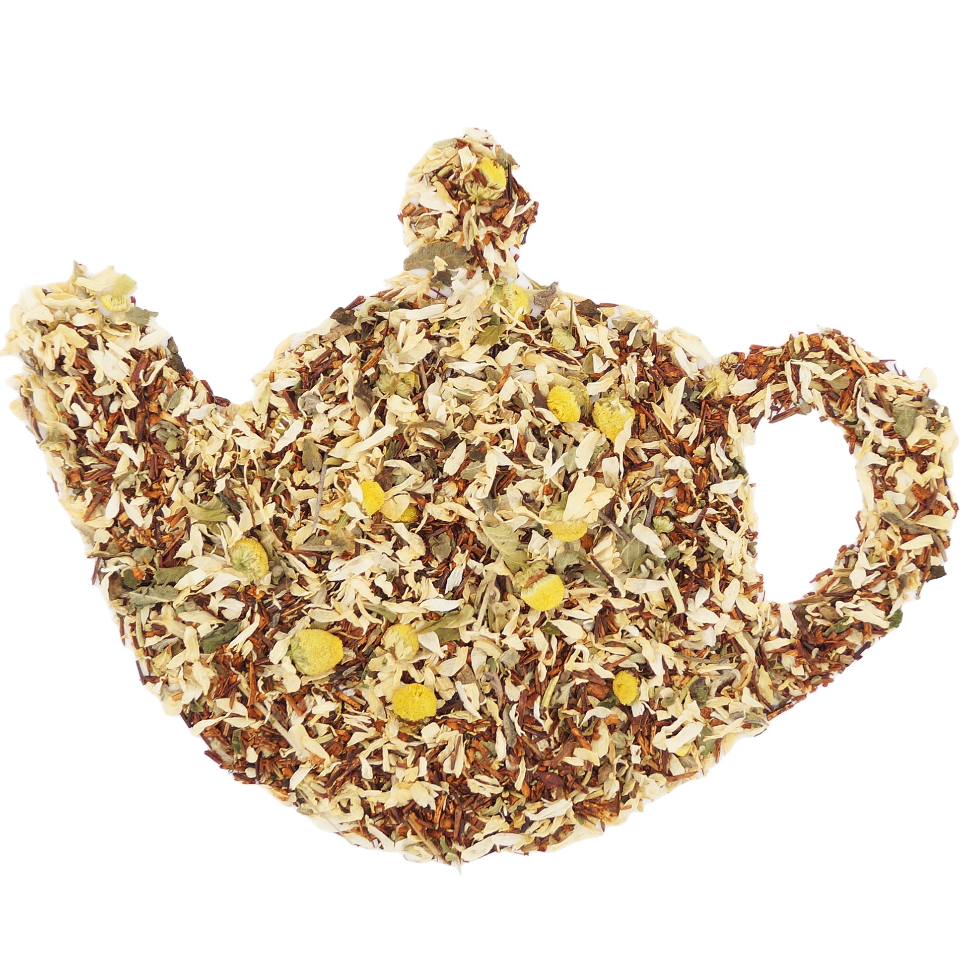 Loose leaf calming herbal tea with chamomile, valerian, rooibos, and damiana for a serene evening ritual