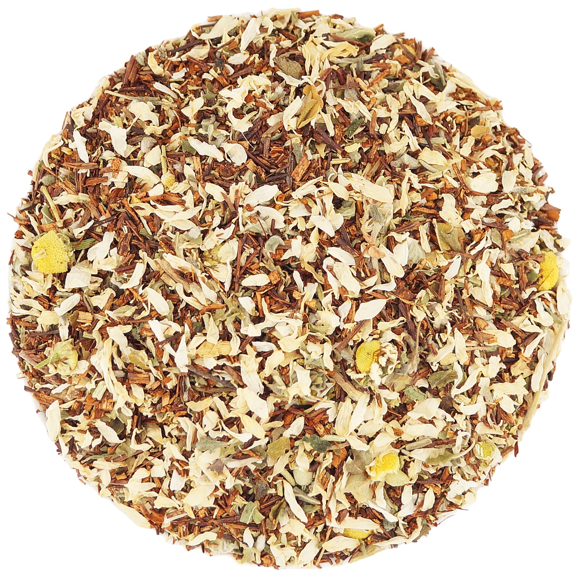 Close-up of chamomile, valerian, rooibos, and rosemary in a calming herbal tea blend