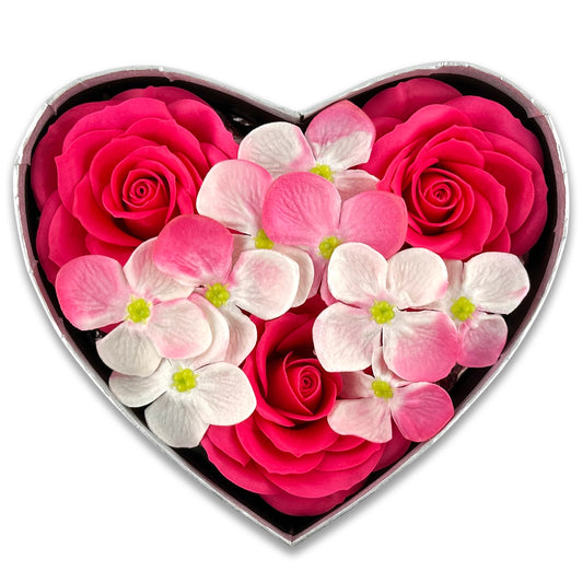Elegant soap flower box with silver heart – romantic rose soap flowers gift
