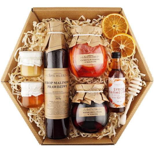 Sweet gift basket with honey, syrup, and fruit treats – perfect for birthdays or appreciation