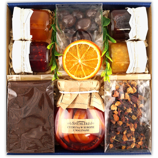 Gift basket with tea, coffee, and sweets – perfect birthday present for grandma or teacher