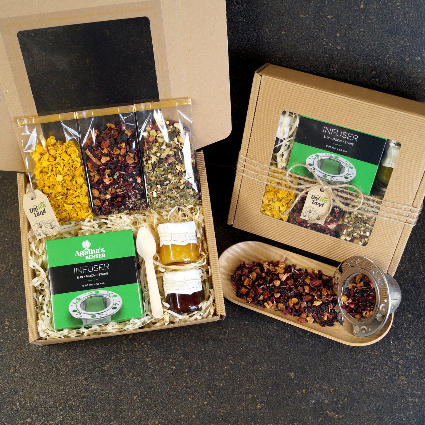 Luxury tea gift box with teapot and sweets inside