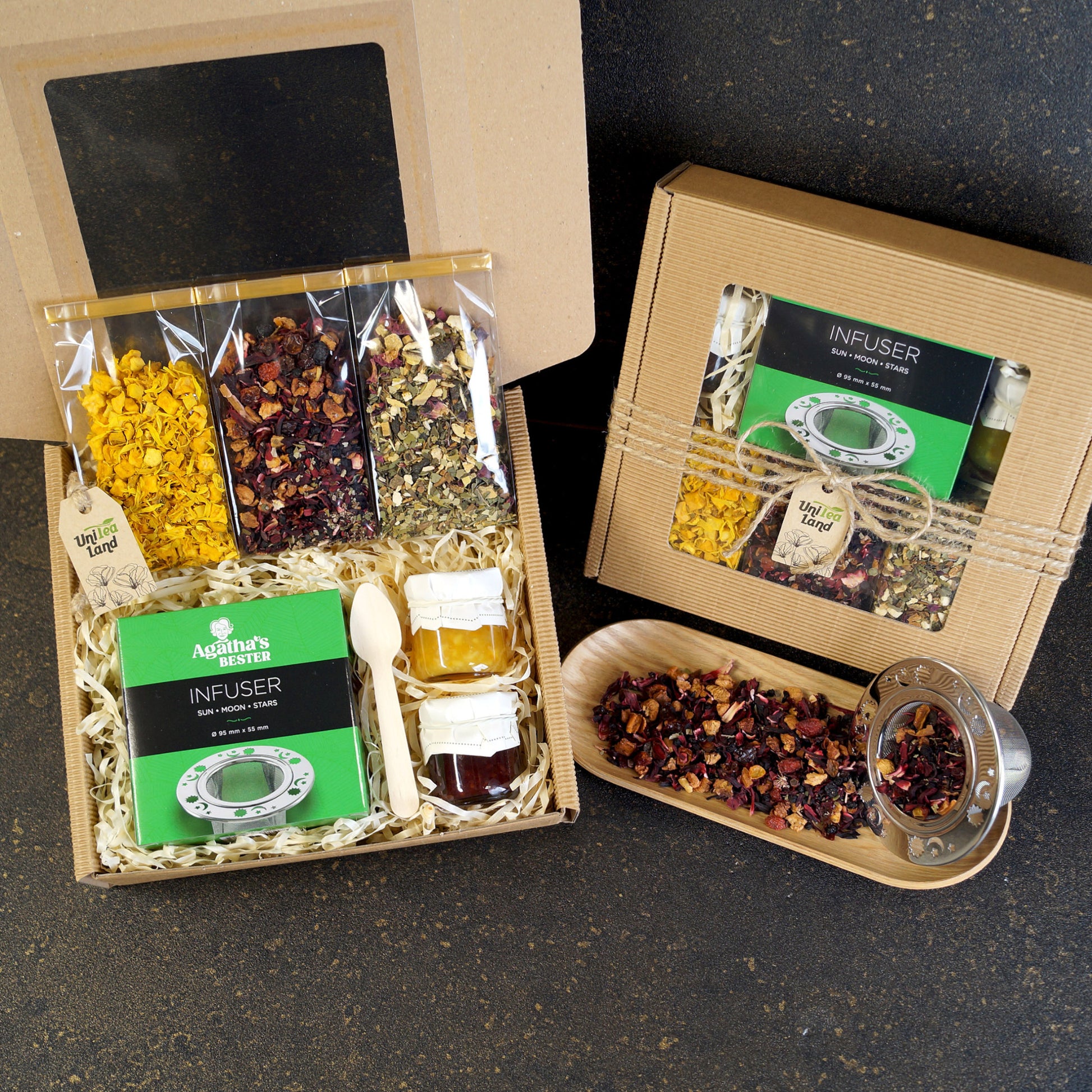 Luxury tea gift box with teapot and sweets inside