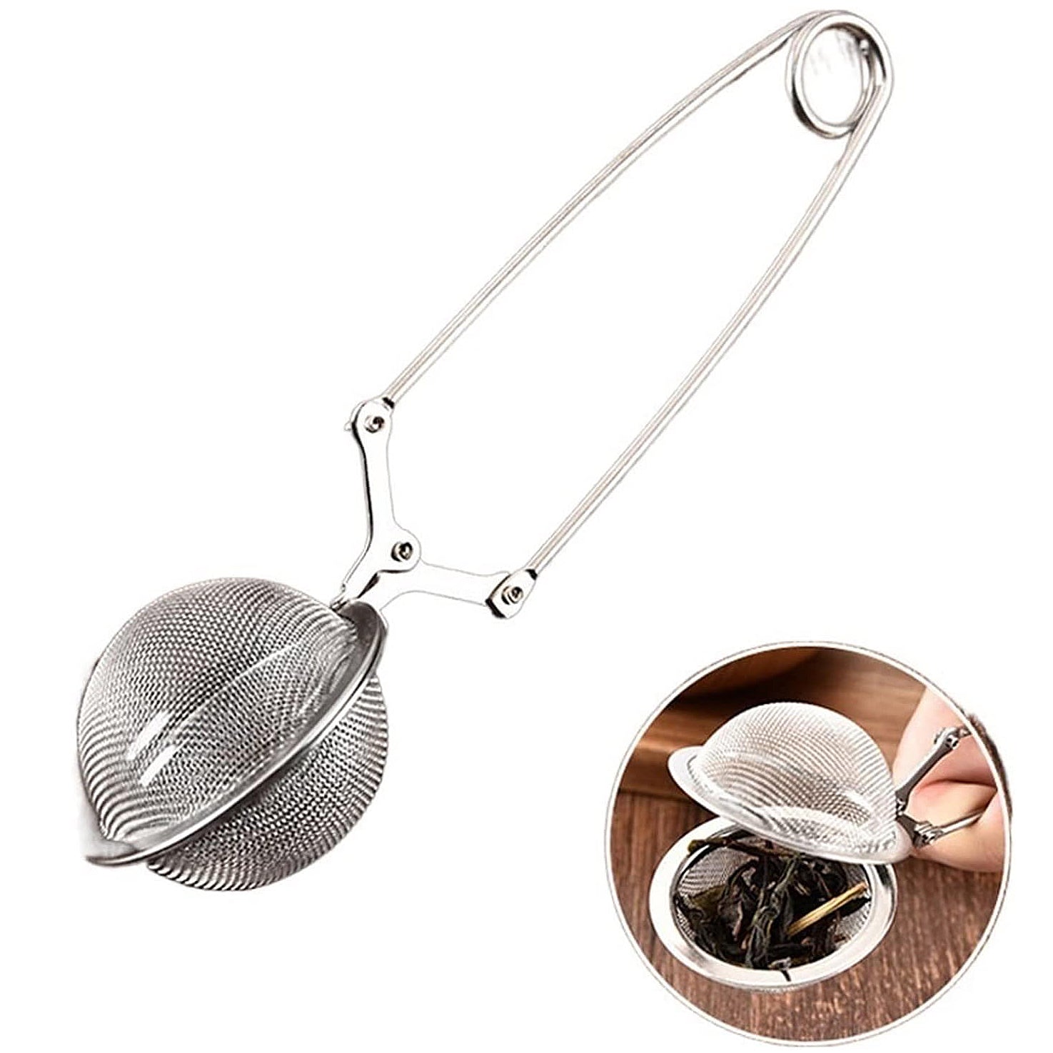 Detail of stainless steel tea infuser tong included in the gift set