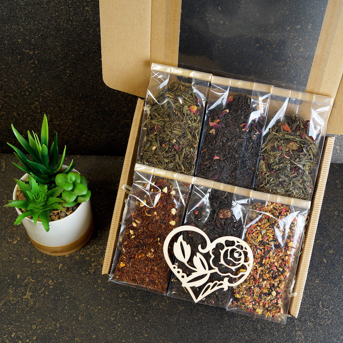 Close-up of tea leaves in premium tea gift box - Tea for Valentine's day